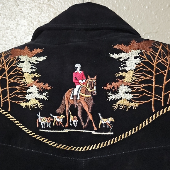 Equestrian Suede Leather Embroidered Jacket Blazer Size Medium Satin Lined Black - Picture 2 of 15